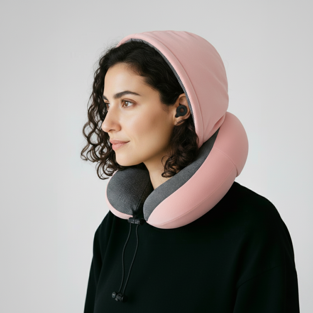 כרית צוואר עם קפוצ'ון + זוג אטמי אוזניים | Travelle Solo Kit