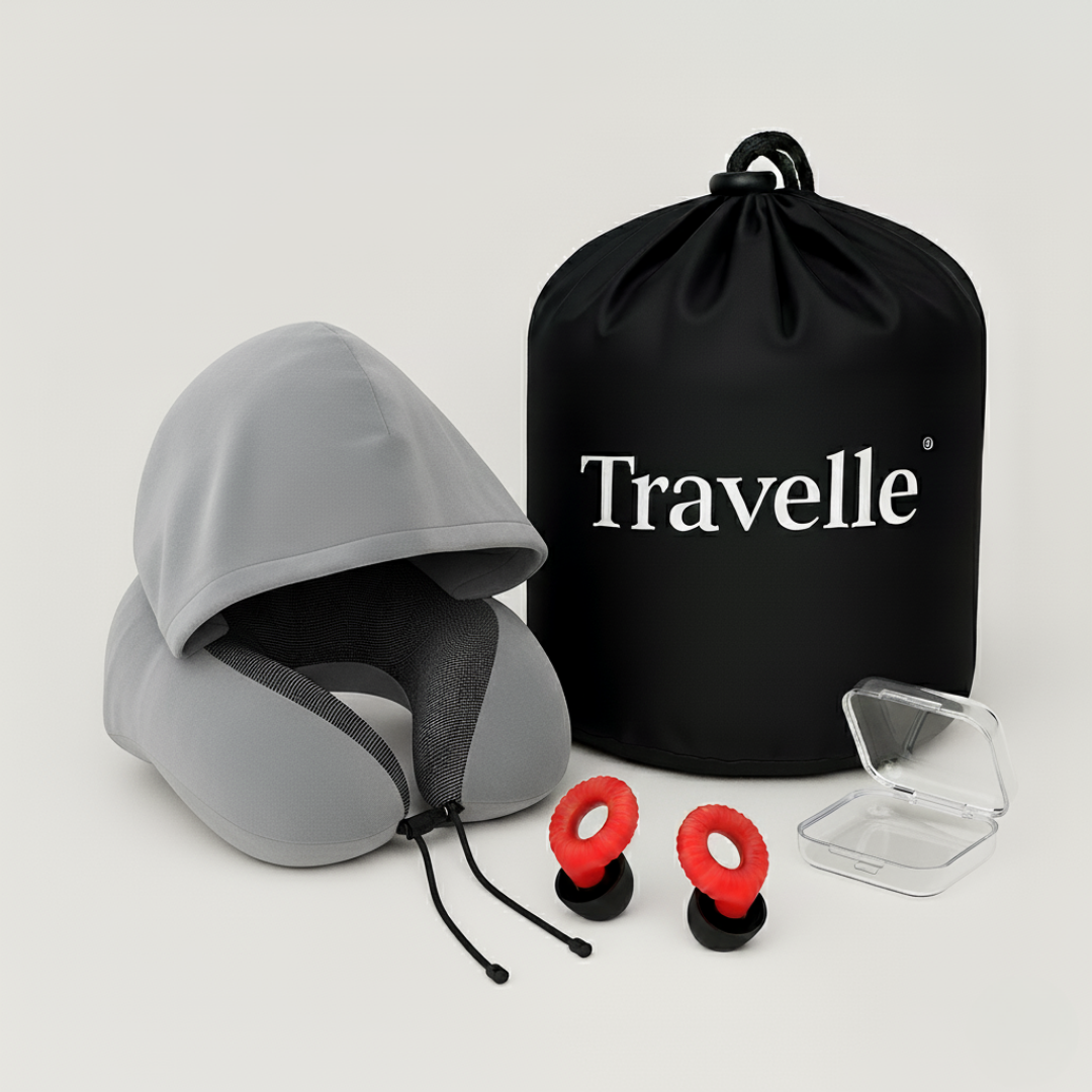 כרית צוואר עם קפוצ'ון + זוג אטמי אוזניים | Travelle Solo Kit