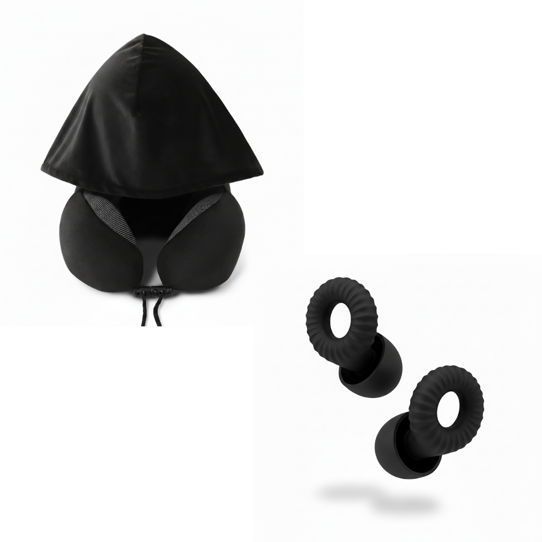 כרית צוואר עם קפוצ'ון + זוג אטמי אוזניים | Travelle Solo Kit